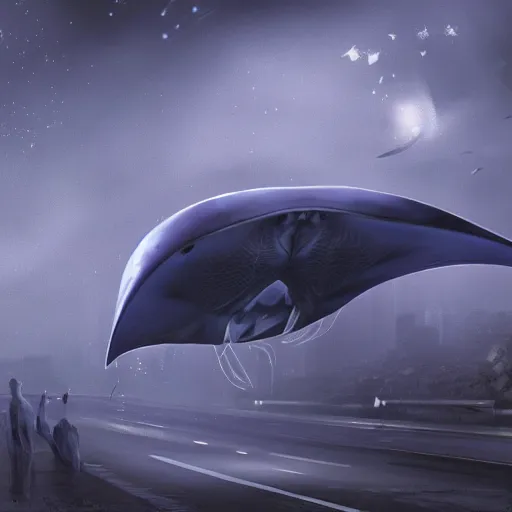 Image similar to old camera footage of a hyperintelligent otherworldly manta ray alien from beyond the stars landing in the middle of a busy road, wearing an odd hooded cowl, with skin that twinkles like the stars, cgi, proper anatomy, sci fi fantasy, photorealistic, pixar, trending on artstation