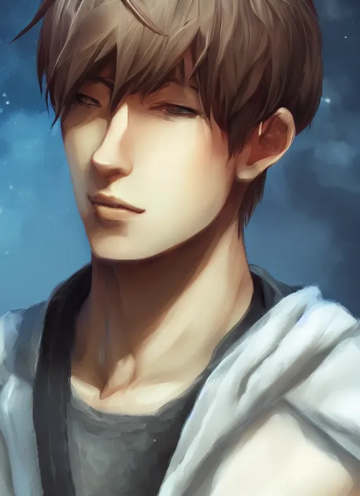 Image similar to detailed beautiful male character art of a protagonist, depth of field, on amino, by sakimichan patreon, wlop, high quality art on artstation.