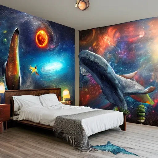 Image similar to a cozy bohemian bedroom interior with wall murals of space whales, detailed, high resolution, wow!, intricate, volumetric lighting, raytracing
