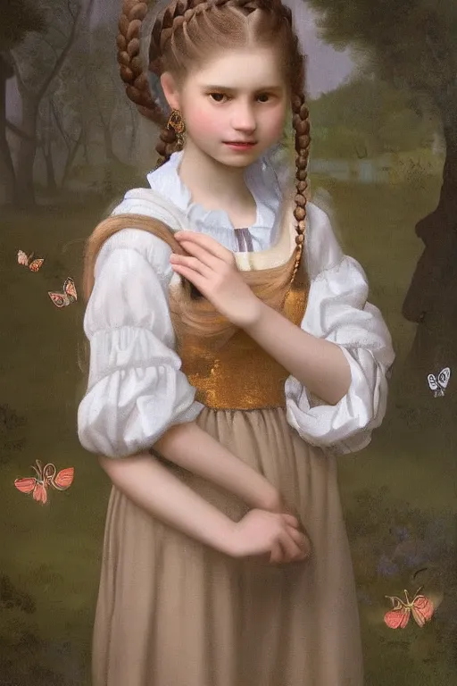 Prompt: a neoclassical portrait of a cute little forest girl with a beautiful braid and dreamy eyes, concept art, realism, wearing traditional attire and beautiful ornaments, dreamy atmosphere, by Johannes Vermeer, butterflies in the fog in a bokeh background, artstation, 8K