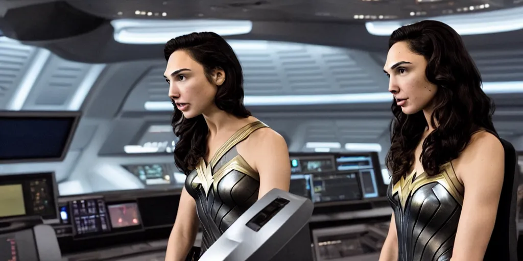 Image similar to Gal Gadot, in full starfleet uniform, is the captain of the starship Enterprise in the new Star Trek movie