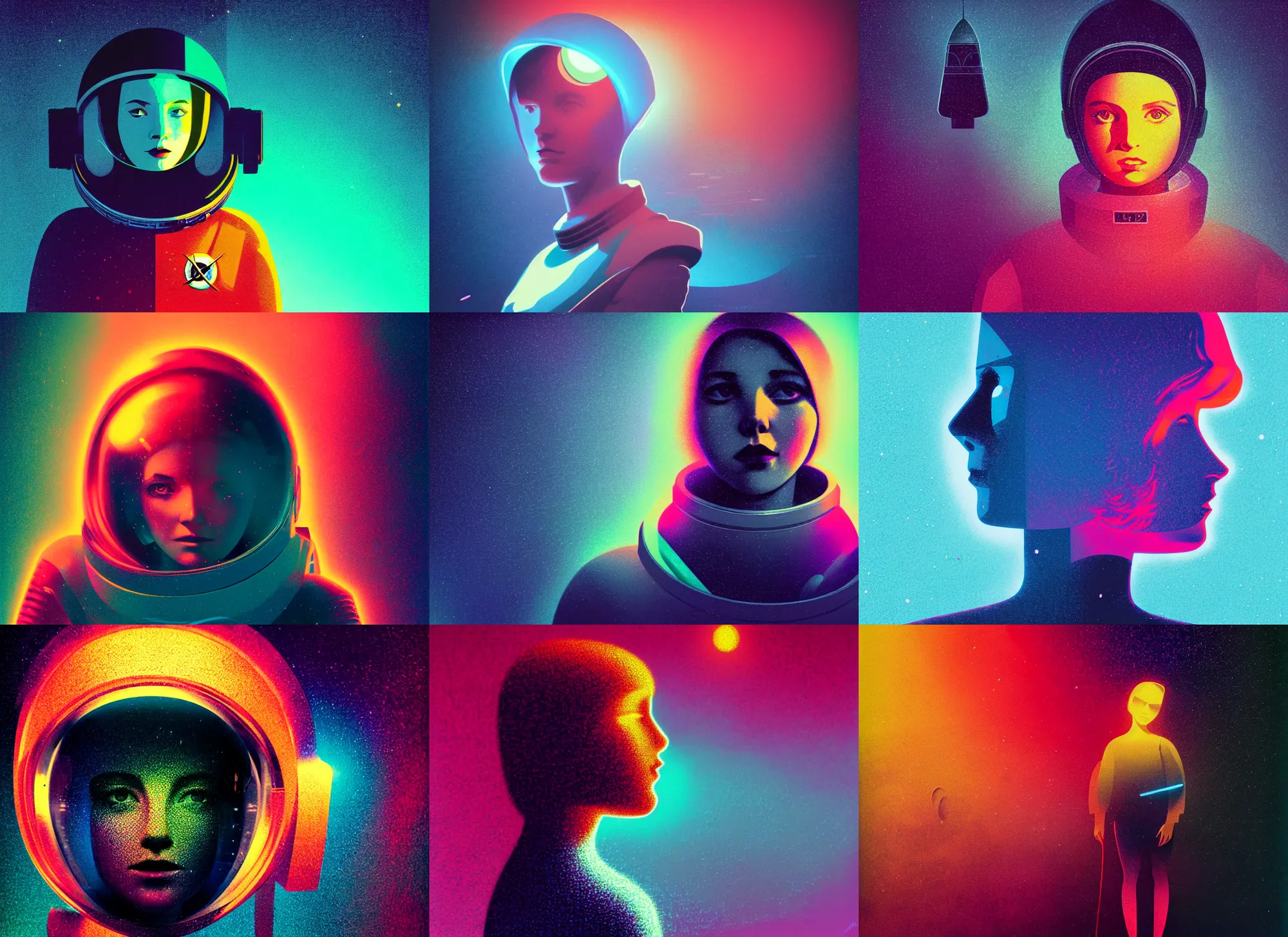 Prompt: ( ( dither ) ), editorial illustration portrait of a young astronaut girl, colorful modern art deco, mads berg, karolis strautniekas, christopher balaskas, stippled light, moody, fine texture, dramatic lighting, dynamic composition, detailed, matte print, dynamic perspective, muted color, lomography