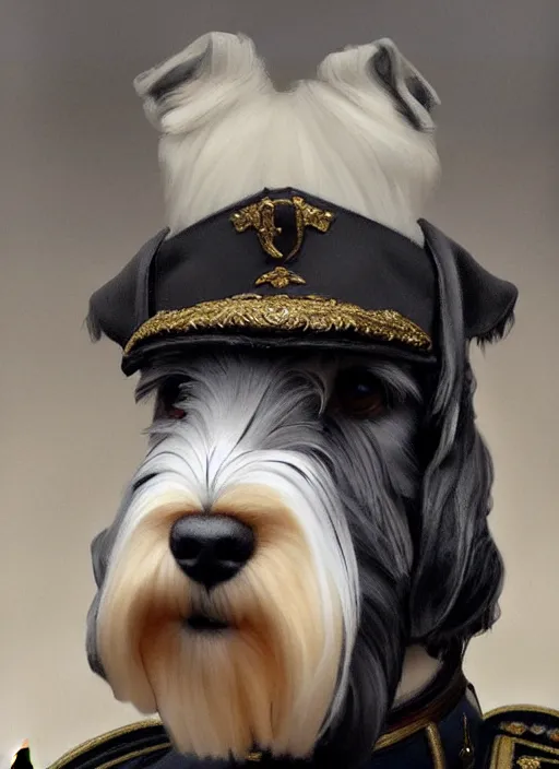 Image similar to portrait of stoic looking miniature schnauzer, military uniform, black fir, white eyebrows, fantasy, intricate, elegant, highly detailed, centered, dark, smokey, digital painting, artstation, concept art, smooth, sharp focus, illustration, art by artgerm and greg rutkowski and alphonse mucha