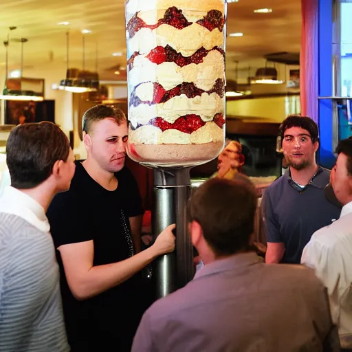 Image similar to 6 ft tall parfait in restaurant, surrounded by customers, flash photography