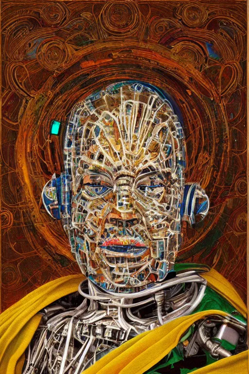 Image similar to robot monk painting a self - portrait on a canvas. intricate, highly detailed, photorealistic, film still, by christopher doyle.