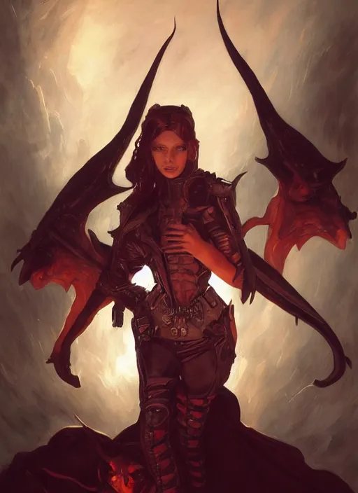 Image similar to portrait demon half human, elegant, wearing a bomber jacket, armor, hyper realistic, horns, extremely detailed, dnd character art portrait, fantasy art,, dramatic lighting, vivid colors, deviant art, artstation, by edgar maxence and caravaggio and michael whelan and delacroix, lois van baarle and bouguereau