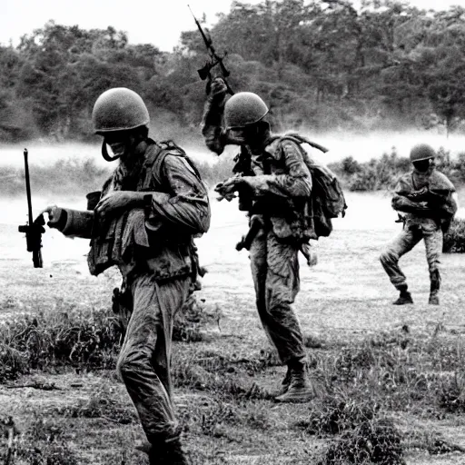 Image similar to dinosaurs in the vietnam war fighting alongside us soldiers in the vietnam war, black and white, eddie adams, david burnett