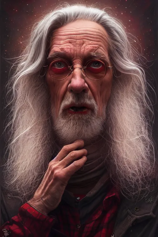 Prompt: an old man wear plaid red shir + long grey hair is the man who know everything in the universe by karol bak, james jean, tom bagshaw, rococo, sharp focus, trending on artstation, cinematic lighting, hyper realism, octane render, 8 k, hyper detailed, vivid, ultra detailed, highly detailed