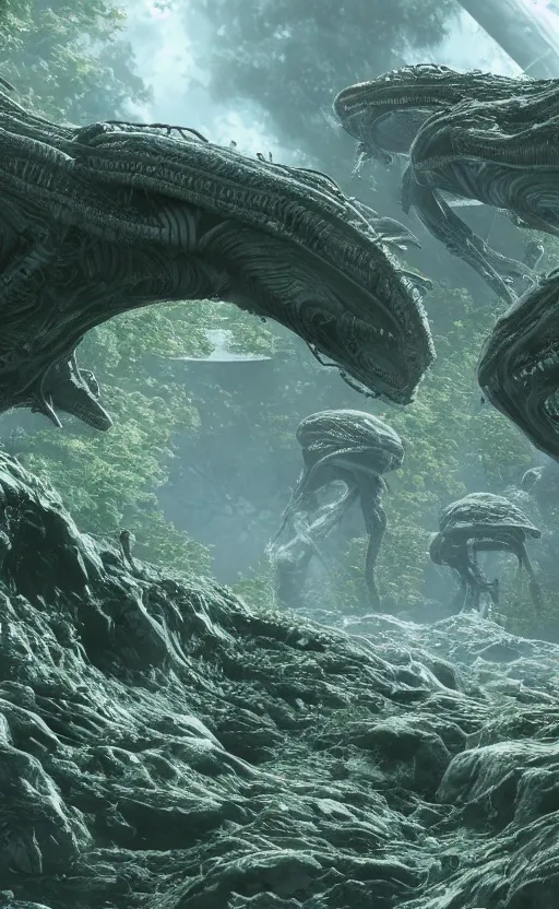 Prompt: alien biosphere in constant symbiosis,ultra realistic, hyper detailed, 8k, octane render