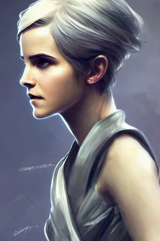 Image similar to science-fiction character portrait of emma watson, short silver hair, tall, elegant, highly detailed, digital painting, artstation, upper body, concept art, smooth, sharp focus, illustration, art by artgerm and greg rutkowski and alphonse mucha