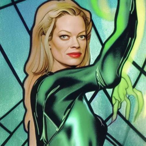 Image similar to Jeri Ryan in the role of Seven of Nine the Borg from star trek, neon green, in the style of Alphonse Mucha,