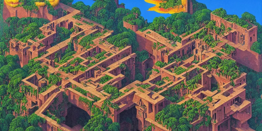 Prompt: isometric perspective, labyrinthine dilapidated prison architecture by mc escher, piranesi and mandelbrot, ricardo bofill. utopian landscape by roger dean. magical realism, colourful warm colours, surrealism, waterfalls, trending on artstation, shot from below,