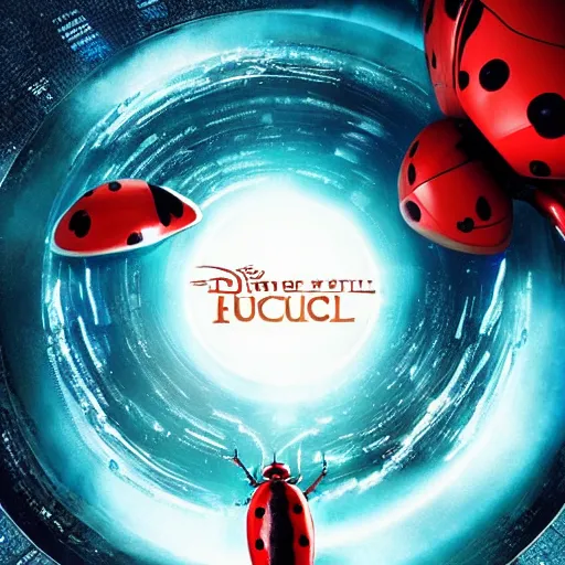 Prompt: film still, ladybug futuristic ( ( descendants ) ), ladybug quadruped with big rgb eyes, huge ladybug mothership, epic cosmos, dramatic lighting, the fellowship of the ring ( film ) blade runner ( film ) genre. imax, 7 0 mm.