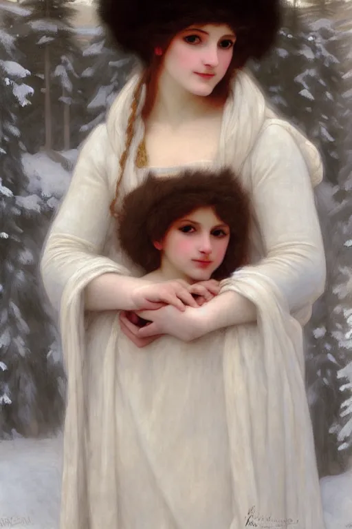 Prompt: snow lady in furry, painting by rossetti bouguereau, detailed art, artstation