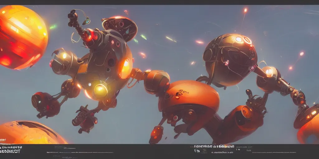 Prompt: spheric friendly flying robot, colorful, character sheet, greg rutkowski, zabrocki, karlkka, jayison devadas, trending on artstation, 8 k, ultra wide angle, zenith view, pincushion lens effect