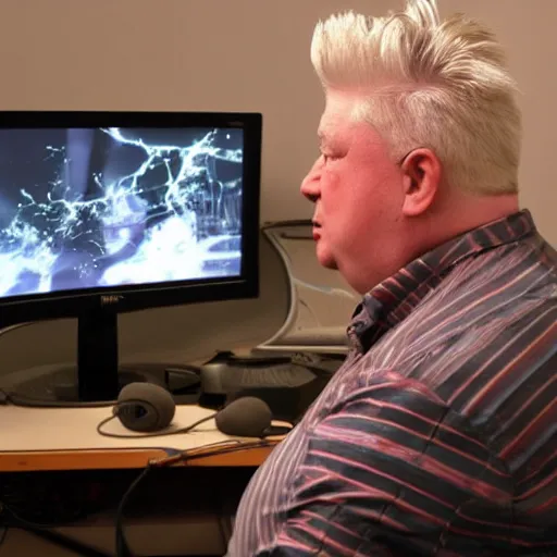 Prompt: obese David Lynch wearing a headset yelling at his monitor while playing WoW highly detailed wide angle lens 10:9 aspect ration award winning photography Twin Peaks