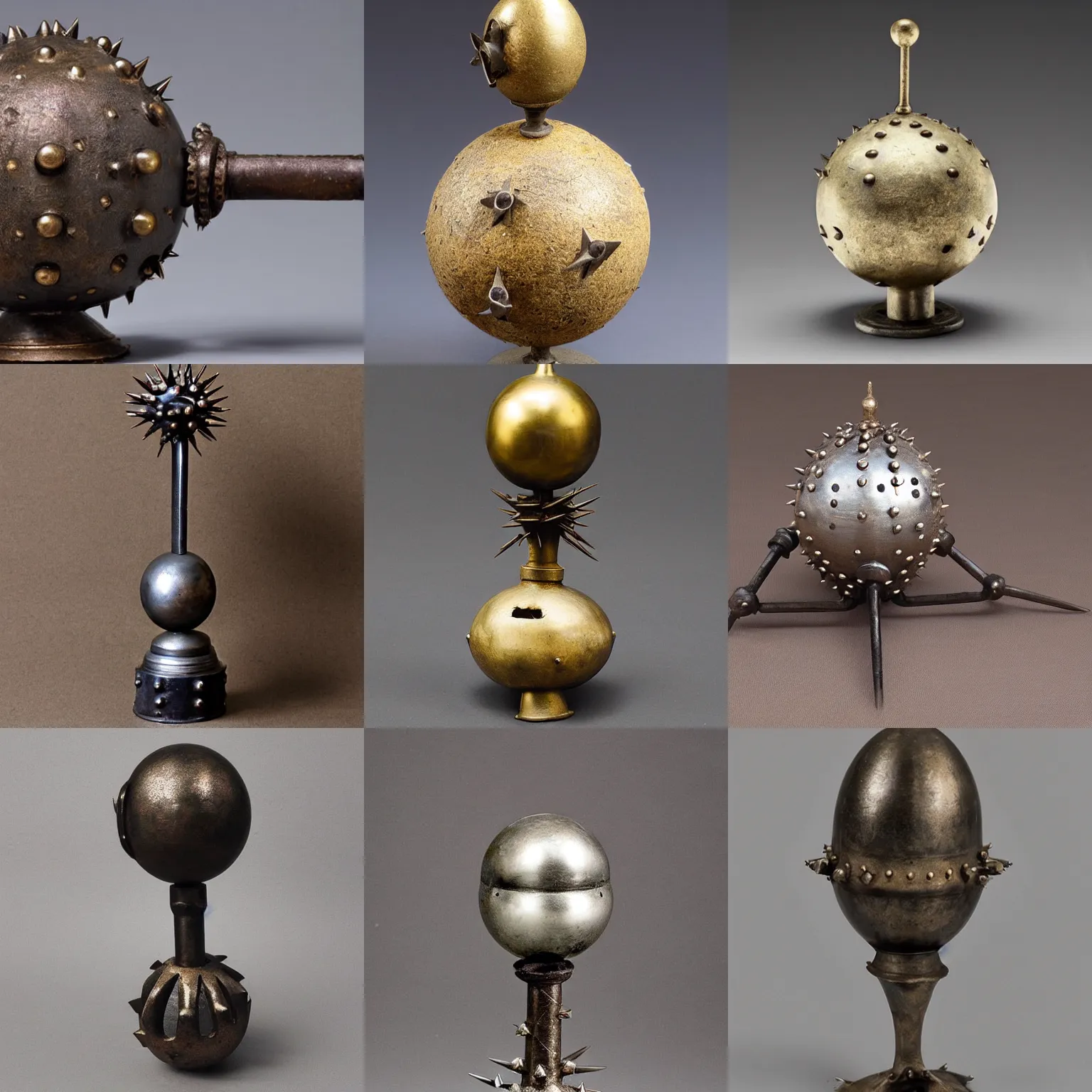Prompt: A medieval iron spiked spherical mace