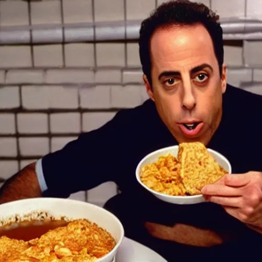 Prompt: Jerry Seinfeld eating a KFC Famous Bowl in a basement at 3AM while listening to Pink Floyd Great gig in the sky