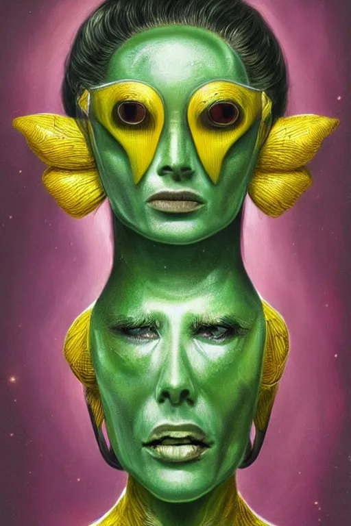 Prompt: portrait, headshot, pulp illustration, of beautiful lady alien extraterrestrial with iridescent faceted bug eyes, yellow feathered antennae coming out of her head, dark green and yellow mottled skin, sexy skintight pink and silver spacesuit, scifi, futuristic, realistic, hyperdetailed, chiaroscuro, concept art, art by Laurie Lipton, by gil elvgren, by glen orbik