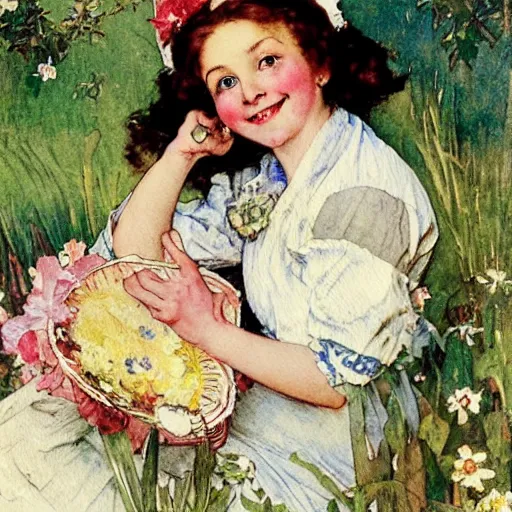 Prompt: charming cheerful watercolour of southern belle with cute smile by norman rockwell, sophie anderson, alphonse mucha, realistic shading