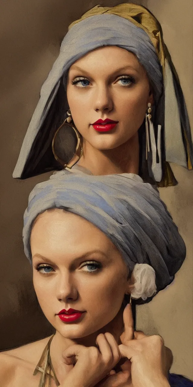 Image similar to Taylor Swift as the girl with the pearl earring, highly detailed, digital painting, artstation, concept art, smooth, sharp focus, illustration, ArtStation, art by artgerm and greg rutkowski and alphonse mucha and J. C. Leyendecker and Edmund Blair Leighton and Katsuhiro Otomo and Geof Darrow and Phil hale and Ashley wood and Ilya repin and Charlie Bowater