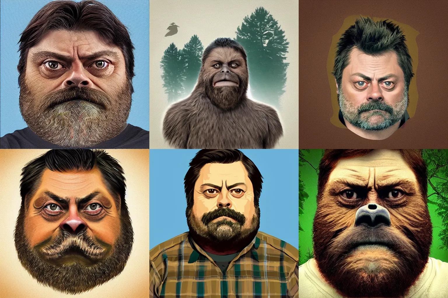 Prompt: “Sasquatch with Nick Offerman’s face, Audubon style”