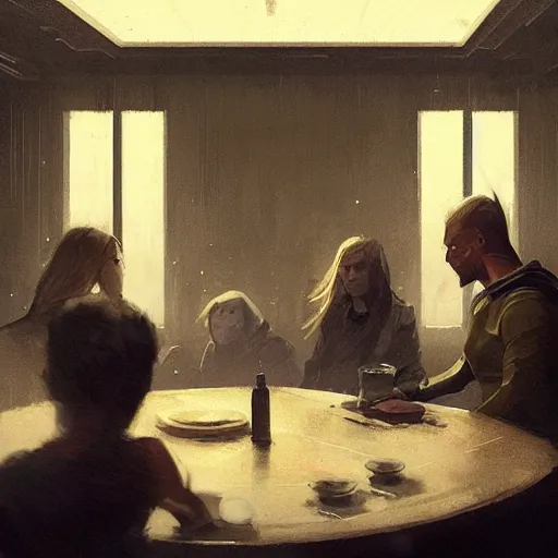 Image similar to concept art by greg rutkowski, a very tall, and slender woman with blond hair, sitting with the crew in the ship's dining room, brutalist futuristic interior, dark lighting atmosphere, detailed portraits, nostalgic atmosphere, scifi, digital painting, artstation, concept art, smooth, sharp foccus ilustration, artstation hq