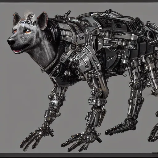 Image similar to cybernetic hyena, bladerunner style, cyborg with lots of metal and wires, realistic highly detailed concept art