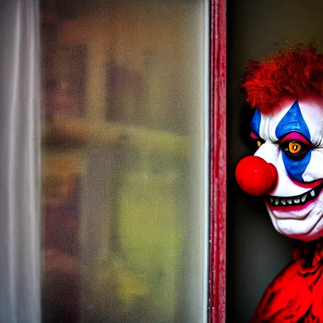 Image similar to far away shot of a scary clown looking through your window, highly detailed, 8 k, hdr, smooth, sharp focus, high resolution, award - winning photo