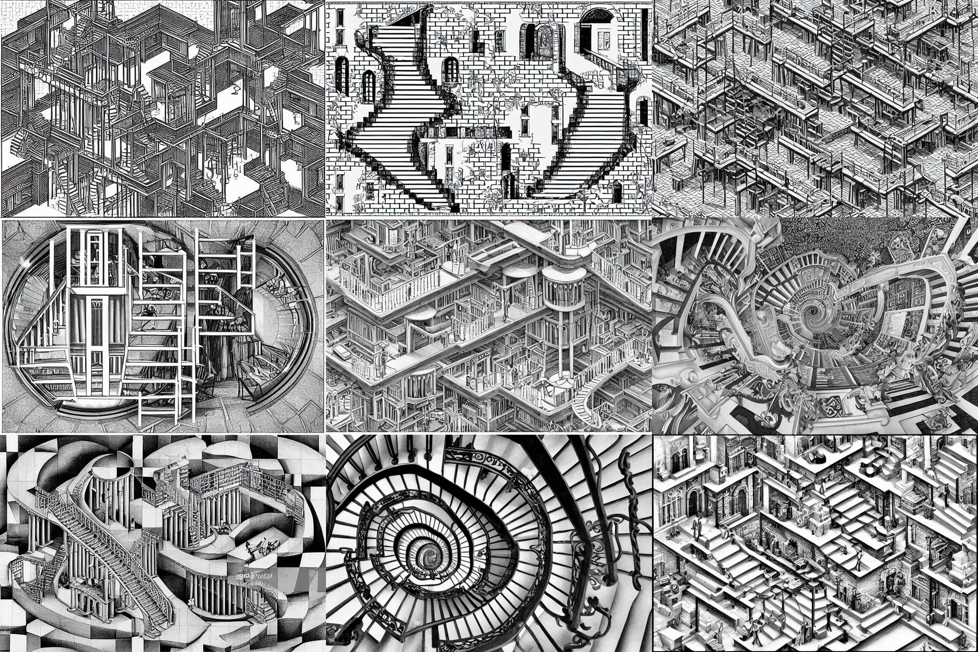 Prompt: Greek Keys, Computers and Staircases isometric wonderland viewscape labyrinthe B&W by MC Escher