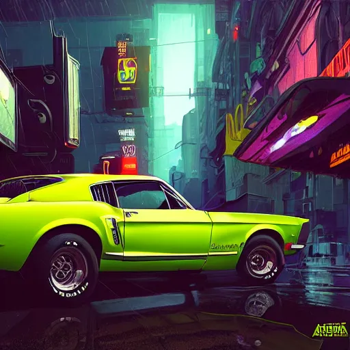 Image similar to a highly detailed matte painting of a neon colored batmobile in a 1 9 6 7 ford mustang fastback, vector art, art by artgerm and greg rutkowski and alphonse mucha, cyberpunk city, rainy city streets, god rays, intricate detail, cinematic, 8 k, cel shaded, unreal engine, featured on artstation, pixiv