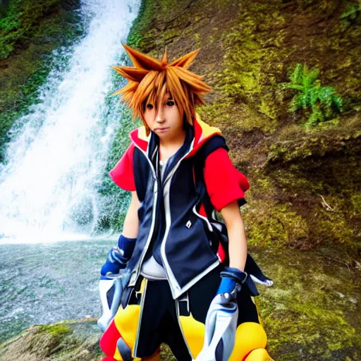 Image similar to kingdom hearts sora cosplay near waterfall photo photography low angle detailed face 85mm