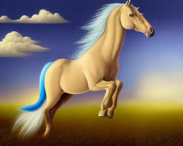 Prompt: stallion horse with long flowing mane and tail by Creative American Surreal Paintings by Kevin Sloan Magical Realism 8k