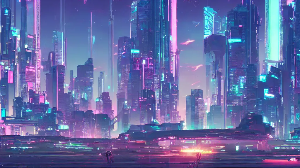 Image similar to futuristic synthwave city, by makoto shinkai