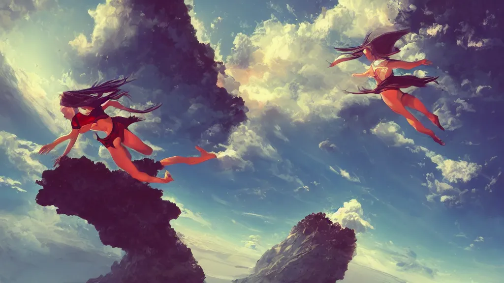 Prompt: a stunning wide angle view a woman jumping from a cliff into space, highly detailed clouds, artistic composition, sharp focus, intricate concept art, digital painting, colorful flat surreal design, hd, 8 k, artstation, ambient lighting