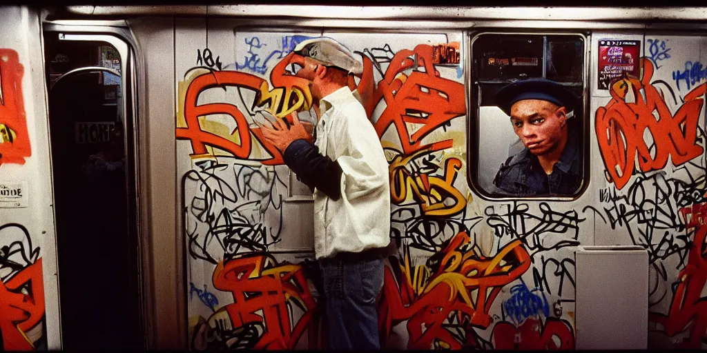 Image similar to new york subway cabin 1 9 8 0 s inside all in graffiti, policeman closeup, coloured film photography, christopher morris photography, bruce davidson photography