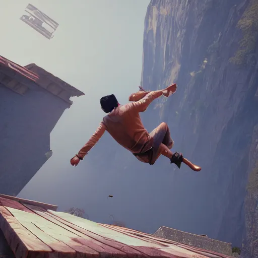 Image similar to a man falling from heaven, 8k, realistic, unreal engine 5