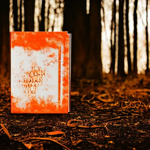 Image similar to award winning photography of a creepy book, creepy forest background, burnt orange and navy hues, 40mm lens, shallow depth of field, split lighting