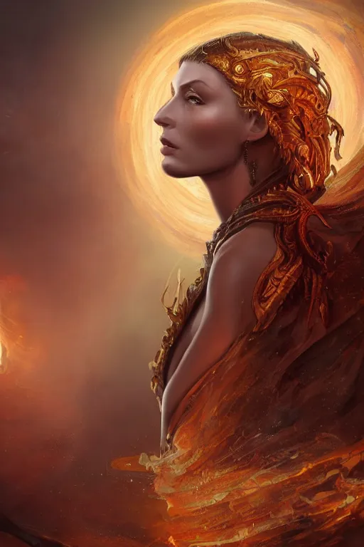 Prompt: fantasy character concept portrait, digital painting, wallpaper of a female seer, with skin of obsidian, with veins of magma and gold, renaissance nimbus overhead, by aleksi briclot, by laura zalenga, by alexander holllow fedosav, 8 k dop dof hdr, vibrant