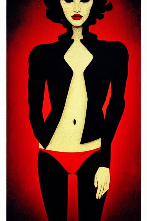 Image similar to dreamy girl character with perfect body in a nice black leather suit and red lips, very artistic pose, background in blurred, perfect lighting. professional design, intricate complexity, by dan mumford and by alberto giacometti, peter lindbergh, malevich, william stout