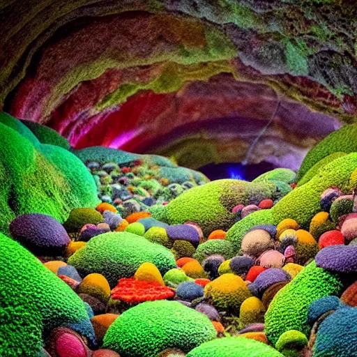 Prompt: a colorful fungus garden in a cave, birds eye view, hiroo isono, dark!!!!!, foggy, cavern, underground!!!!, beetles running through the moss, psychedelic, river running through it