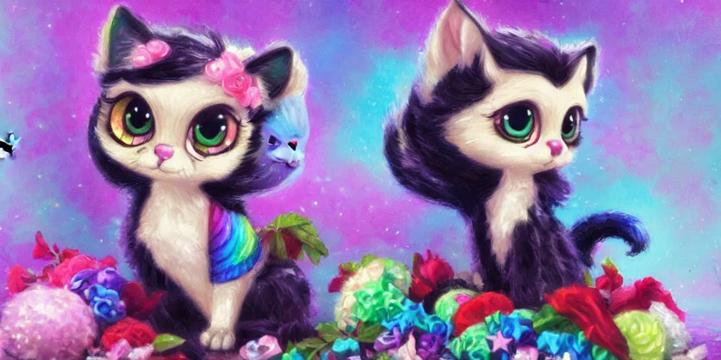Image similar to 3 d littlest pet shop cat, lacey accessories, glittery wedding, ice cream, gothic, raven, rainbow, smiling, forest, master painter and art style of noel coypel, art of emile eisman - semenowsky, art of edouard bisson