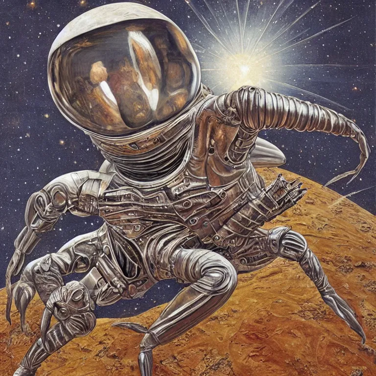 Prompt: painting by wayne barlow and carlo crivelli, a woman in a skintight silver shining spacesuit riding on the back of a giant alien crab on a dramatic red rocky planet