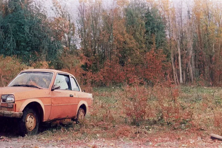 Image similar to a lomographic photo of old lada 2 1 0 7 standing in typical soviet yard in small town, autumn, cinestill, bokeh