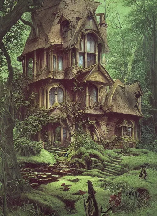 Image similar to hyper realistic witch cottage rococo in the woods gorgeous lighting, highly detailed, lush forest painting by zdzisław beksinski and norman rockwell and greg rutkowskiweta studio, and lucasfilm