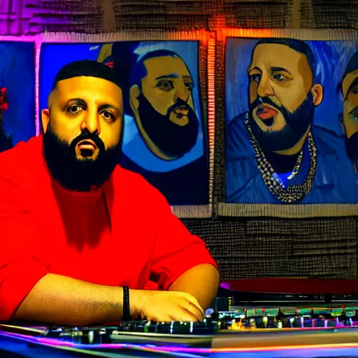 Prompt: ultra detailed portrait photo of dj khaled in a studio, blue, under red and yellow cinematic lighting, by van gogh, cartoon