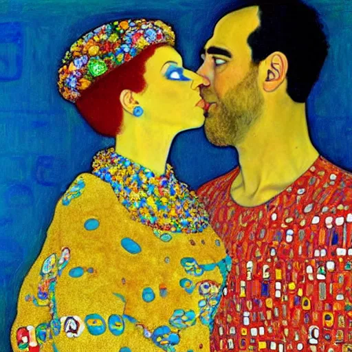 Prompt: “Homer and Marge Simpson from TV series The Simpsons are kissing. Painting by Gustav Klimt , Oil and gold leaf on canvas. Golden period. National Art Gallery. Marge Simpson with her signature blue beehive hairstyle.”