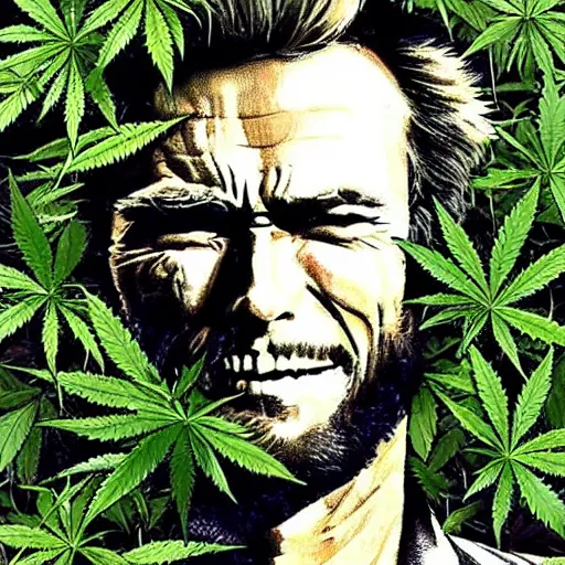 Prompt: clint eastwood portrait made of cannabis leaves