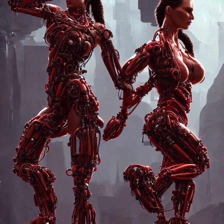 Image similar to muscular sweat lara croft, red biomechanical, inflateble shapes, wearing epic bionic cyborg implants, masterpiece, intricate, biopunk futuristic wardrobe, vogue, highly detailed, artstation, concept art, background galaxy, cyberpunk, octane render