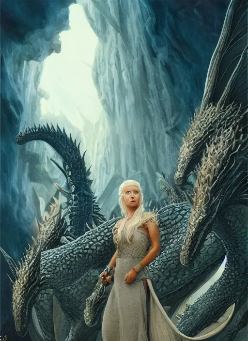Prompt: queen daenerys stormborn with her dragons, by michael whelan, detailed matte painting, 8 k resolution